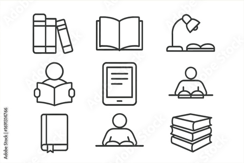 Minimalist library icons set with books, reading, study themes, open book, ebook reader, lamp, person reading, book stack, linear design, vector cartoon illustration, education symbol collection