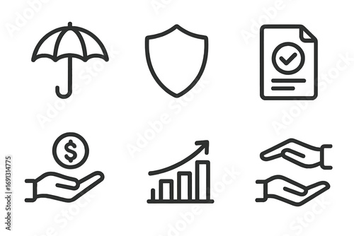 Minimalist insurance icons set with umbrella, shield, claim form, growth chart, dollar coin, and helping hands vector cartoon illustration transparent background ordered collection