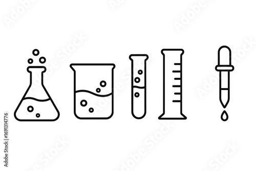 Laboratory glassware outline icon set. Science and chemistry research equipment. Vector illustration of flask, beaker, test tube, graduated cylinder, pipette for lab experiment.
