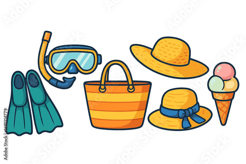 Summer vacation essentials with snorkeling gear, colorful beach hats, striped tote bag, flippers, and triple scoop ice cream cone for fun beach day vector cartoon illustration