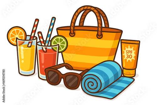 Summer vacation essentials with beach bag, refreshing fruit drinks, SPF 30 sunscreen, sunglasses, and striped towel for a perfect sunny day, vector cartoon illustration