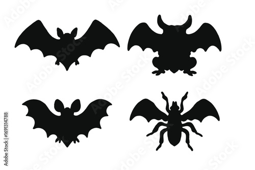 Rorschach inkblot test vector set with bat, demon, and insect shapes. Symmetrical psychological silhouettes for psychoanalysis and mental health concepts. Abstract monster.