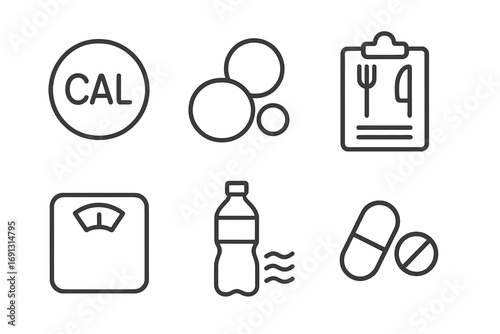 Minimalist nutrition icons set with calorie counter, macronutrients, meal planning clipboard, weight scale, water bottle hydration, supplement pills, health and diet concept vector illustration