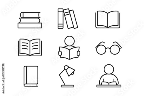 Minimalist library icon set with linear design, books, reading, study, education symbols, open books, reading person, glasses, desk lamp, knowledge and learning concepts, transparent background vector