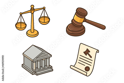 Legal and justice isometric icons set. Scale, gavel, courthouse symbols for law. Vector cartoon illustration. Court, judge, auction, government and legislation concept.