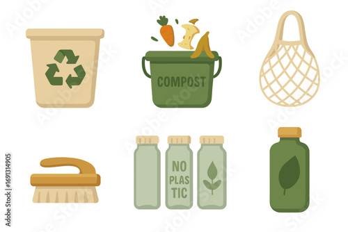 Sustainable living tools for eco-friendly waste management, composting bucket with fruit scraps, reusable mesh bag, no plastic glass bottles, natural cleaning brush, green lifestyle vector cartoon