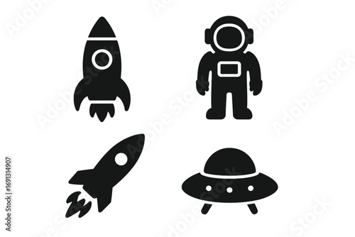 Space travel solid icon set with rocket ship, astronaut, and UFO silhouettes. Vector cartoon illustration for galaxy exploration, science, and cosmos themes. Glyph icons.