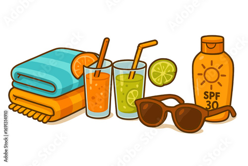 Sunny beach day essentials with vibrant towels, refreshing citrus drinks with straws, stylish sunglasses, and SPF 30 sunscreen for summer fun and relaxation, vector cartoon illustration