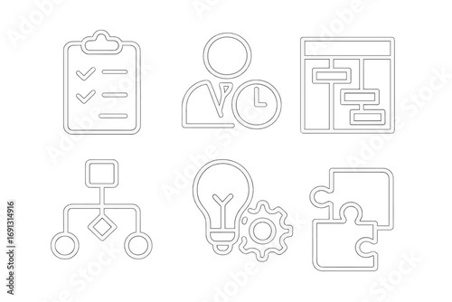 Minimalistic linear project management icons set with checklist, time management, Gantt chart, workflow, innovation, and puzzle pieces, transparent background, vector illustration