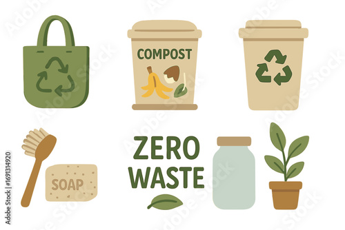 Sustainable living tools for waste management and eco-friendly habits, zero waste concept with compost bin, reusable bag, soap, glass jar, plant pot, brush, recycling bin, eco lifestyle illustration