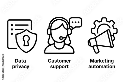 Modern linear icons set for data privacy, customer support, and marketing automation concepts, vector cartoon illustration with transparent background, ordered collection