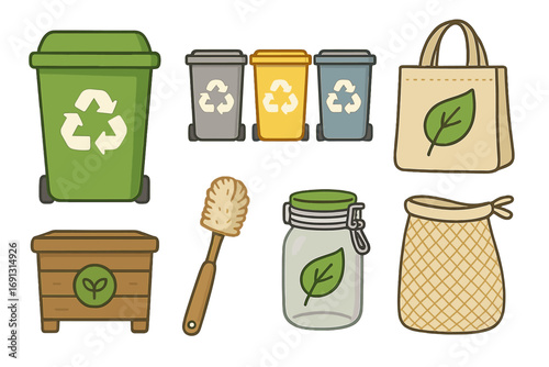 Sustainable living tools for waste management and eco-friendly habits, recycling bins, reusable bags, glass jar, compost box, eco brush, zero waste lifestyle vector cartoon illustration