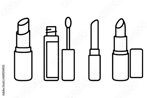 Lip care outline icon set. Vector lipstick, lip gloss, and lip balm tubes. Makeup and cosmetic product symbols. Beauty illustration with applicator wand and retractable cap.
