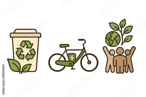 Sustainable practices concept with recycling bin, electric bike, and community environmental care, eco-friendly lifestyle, green energy, and conservation vector illustration