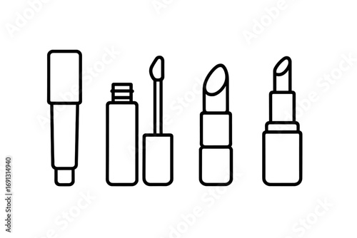 Lip care cosmetic icons. Outline vector set of lipstick, lip gloss, and balm. Makeup and beauty product illustration. Includes tube, applicator wand, and retractable stick.
