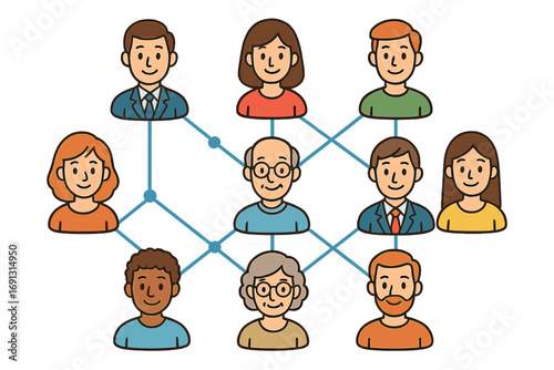 Network diagram showing interconnected individuals in structured format with multiple nodes, social connections illustration, people linked in cartoon style for teamwork and collaboration design