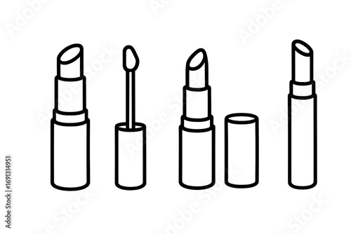 Lipstick lip gloss outline icon set. Vector cosmetic beauty product illustration. Lip care, makeup symbols. Lipstick tube, gloss wand, balm stick, doe-foot applicator.