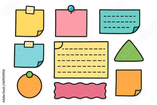 Collection of colorful sticky notes, memos and paper shapes for reminders and messages. Blank post it note set with pins and tape. To do list vector cartoon illustration.