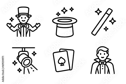 Magic icon set. Outline icons of stage magic, magician performing, top hat, magic wand, spotlight, playing cards, and illusionist. Vector cartoon illustration for shows.