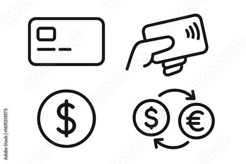Modern financial icon set featuring contactless payment, credit card transactions, currency exchange with dollar and euro symbols in minimalist black outline style, vector illustration