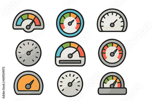 Speedometer gauge icon set. Cartoon dashboard meter graphic collection. Vector illustration for car speed, performance indicator, pressure level, and control panel design.