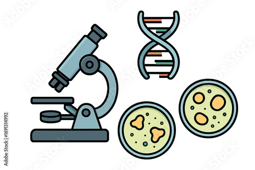 Scientific exploration symbols with microscope, DNA strand, petri dishes, biological research tools, laboratory equipment, microbiology vector cartoon illustration, science concept