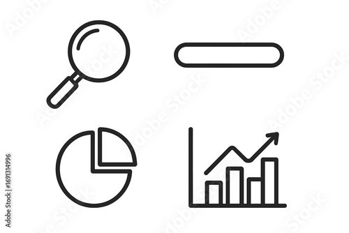 Data analysis line icon set. Business analytics signs like magnifying glass, pie chart, progress bar, growth graph. Vector outline icons for UI, web, apps. Editable stroke.