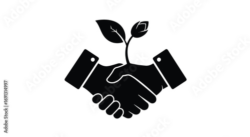 Hands shaking in agreement with a growing plant symbolizing partnership and sustainability