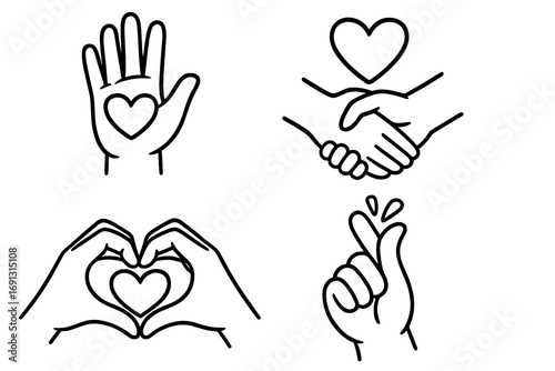 Hand gestures love icon set. Line art vector collection showing support, friendship, and connection. Includes handshake, heart shape hands, and Korean finger heart symbol.
