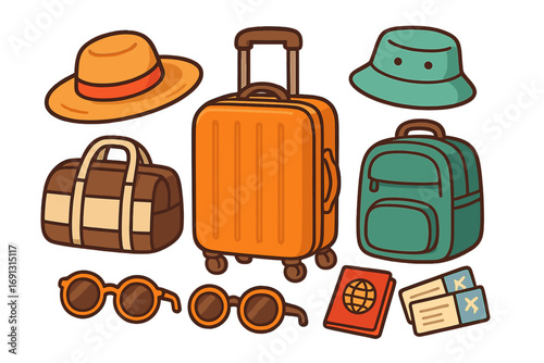 Colorful travel essentials flat lay vector illustration, includes hats, luggage, duffel bag, backpack, passport, sunglasses, and flight tickets, travel accessories set