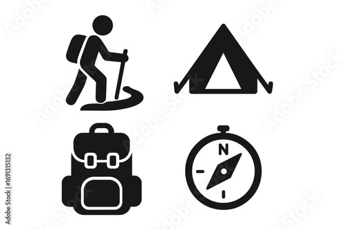Outdoor activity icons grid with solid filled hiking trail, camping tent, backpack, compass vector cartoon illustration set for adventure and travel enthusiasts