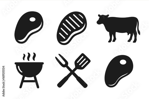Steak and beef silhouette icon set. Grilled meat, raw beef cut, and cow symbol. Includes BBQ grill, cooking utensils, fork, and spatula. Vector food graphic for barbecue.