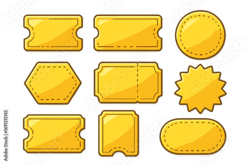 Set of shiny gold coupons and tickets for promotional offers and discounts. Blank vector collection of golden labels, tags, and price badge shapes for sales and marketing.