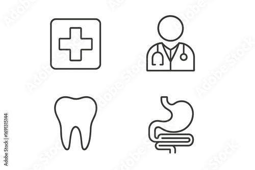 Medical line icon set with doctor, tooth, stomach, and first aid cross. Healthcare and clinic symbols. Minimal linear pictogram collection for web, app design. Editable stroke vector.
