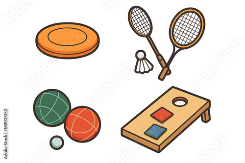 Outdoor Games Icon Set with Frisbee, Badminton Rackets, Shuttlecock, Bocce Balls, Cornhole Board, Family Fun Flat Isometric Vector Illustration, Leisure Activity Graphics