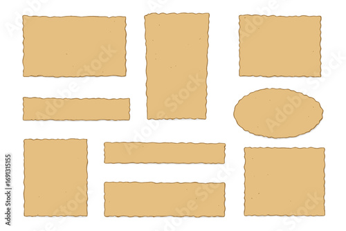 Old paper texture set. Vector collection of vintage parchment pieces with torn, burnt edges. Blank retro manuscript, scroll, and note paper for scrapbooking or design.