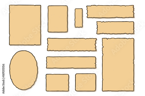 Set of old paper texture shapes. Vector collection of retro cardboard banners, torn scrapbook notes, and vintage labels. Craft paper background elements with ripped edges.