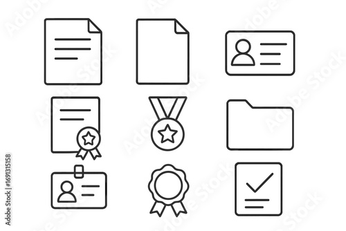 Document line icon set. Minimalist icons for business. Certificate, award, medal, ID card, badge, resume. Vector illustration for web, app, portfolio, success concept.