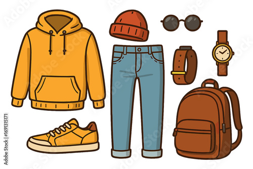 Trendy casual clothing and accessories layout for modern fashion enthusiasts. Vector cartoon illustration including hoodie, jeans, sneakers, backpack, watch, belt, sunglasses, beanie