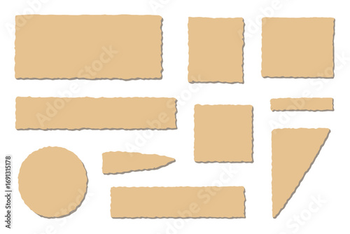 Torn paper set. Ripped kraft paper scraps with texture. Collection of various shapes for banners, notes, and labels. Vintage retro style element for craft and scrapbook.