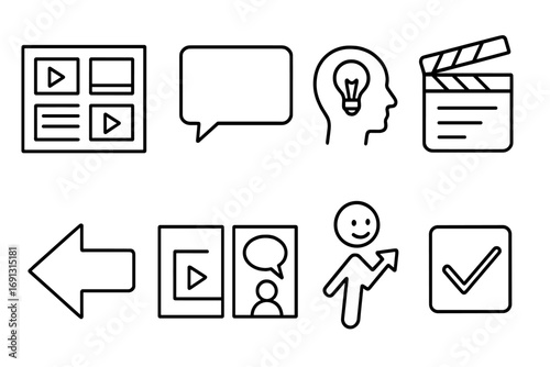 Storyboard icon set for visual storytelling and animation. Linear icons for film production, comics, and movies. Creative process concept with script, idea, and clapperboard.