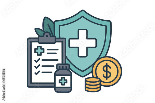 Health insurance concept. Medical care protection. Healthcare cost and expenses. Financial security and policy coverage. Vector flat illustration with shield, money and medicine.