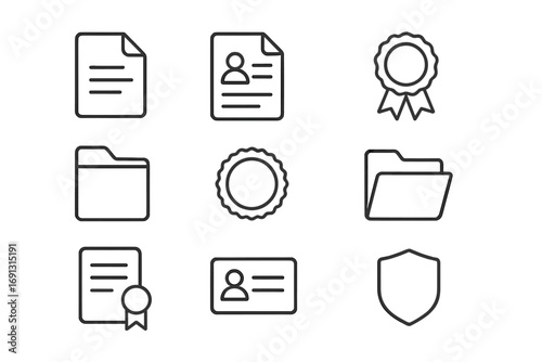 Document line icon set. Minimalistic vector icons of files, folders, awards, badges, ID cards, resume, CV. User profile, security, and data concepts for web and app UI.