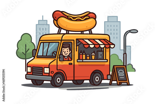 Urban transportation scene with food truck, scooters, city infrastructure, daytime cityscape, vector cartoon illustration, vibrant delivery vehicle, street food concept