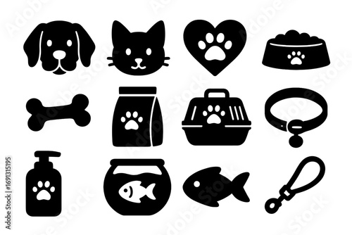 Silhouette style pet care icons set for animal lovers and pet supplies vector cartoon illustration with transparent background including dog, cat, paw, food, collar, fish bowl and more