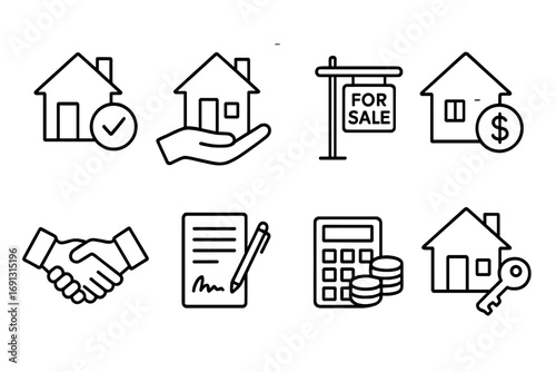 Real estate icons set for home buying and selling essentials, modern line art style vector illustration, house symbol collection with sale, contract, finance, handshake and key concepts