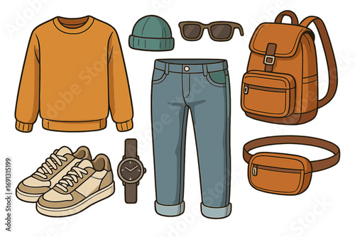 Trendy casual clothing and accessories set for modern fashion enthusiasts, including sweatshirt, jeans, sneakers, backpack, fanny pack, watch, sunglasses, and beanie, vector cartoon illustration
