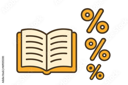 Financial literacy education concept with open book and percentage symbols. Learn about economics, investment returns, loans, interest rates, credit score, and sales discounts.
