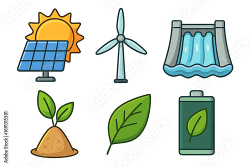 Renewable energy icons set with solar panel, wind turbine, hydropower dam, biomass plant, green leaf, eco battery symbol, clean power concept, environmental sustainability illustration