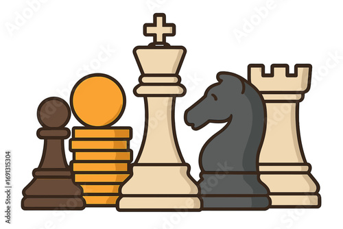 Chess pieces with money coins vector. Business strategy, investment, and finance concept. Financial planning, tactics, and wealth management metaphor. Market competition.